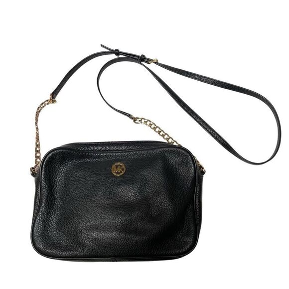 Michael Kors MK Pebbled Leather Fulton Style Black with Gold Hardware Crossbody - Picture 1 of 14